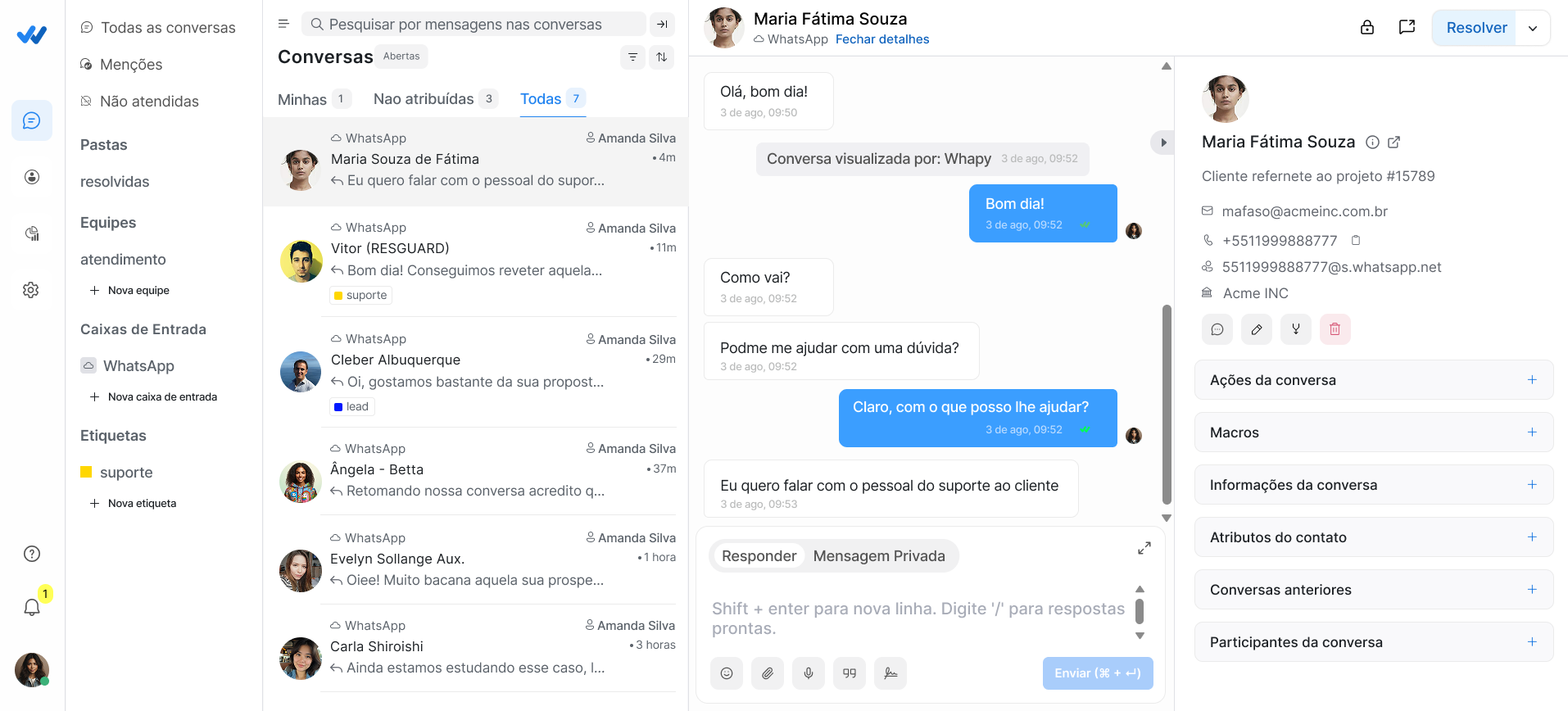 Painel Whapy com conversas, contatos e atendimento centralizado